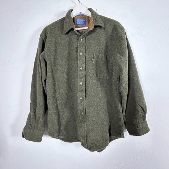 Pendleton Mens Virgin Wool Shirt Olive Green Elbow Patches Large Outdoor Western - Picture 1 of 6